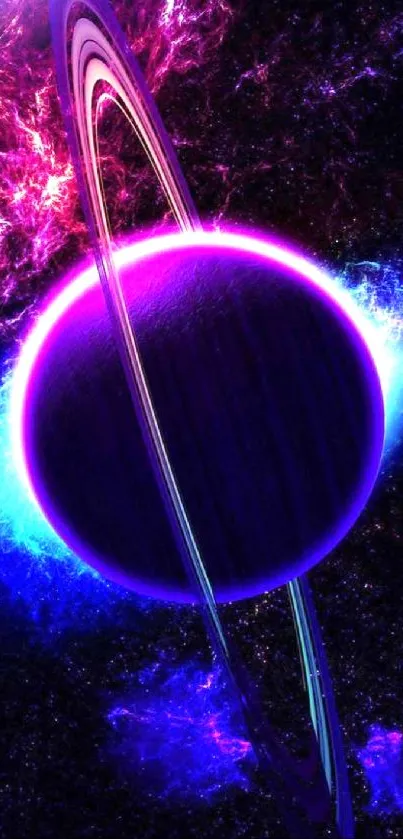 Vibrant cosmic planet with neon colors in space.