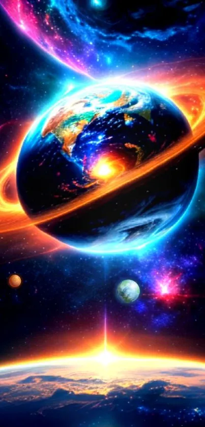 Vibrant cosmic planet wallpaper with colorful galaxies.