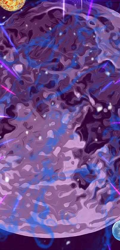 Vibrant cosmic wallpaper with purple planet and stellar beams.