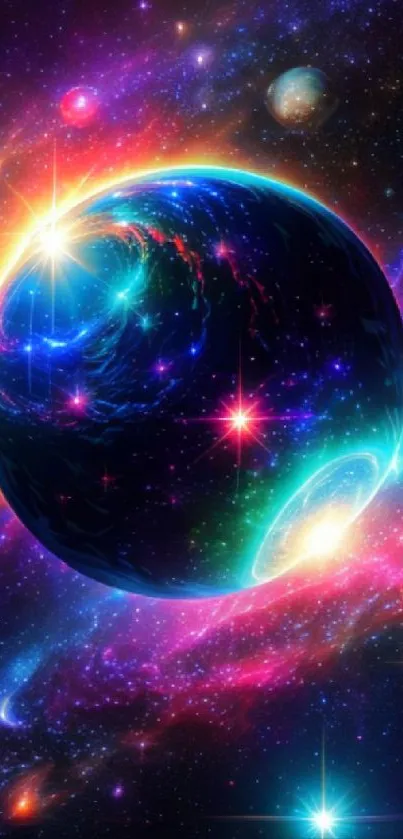 Vibrant space scene with colorful planet and stars.