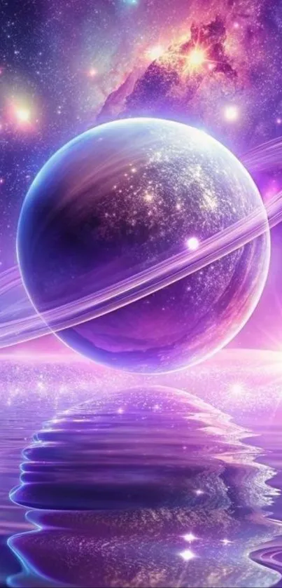 Vibrant cosmic wallpaper with a purple planet and reflective water.