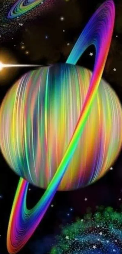 Vibrant colorful planet with rings in space.