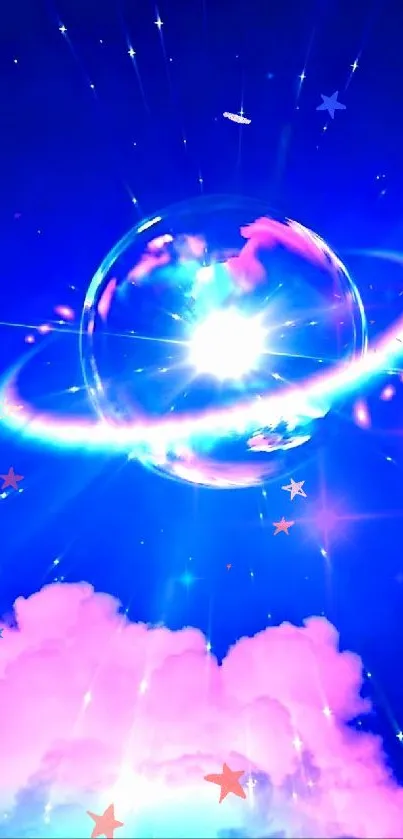 Vibrant cosmic planet with shining stars in a blue sky over pink clouds.