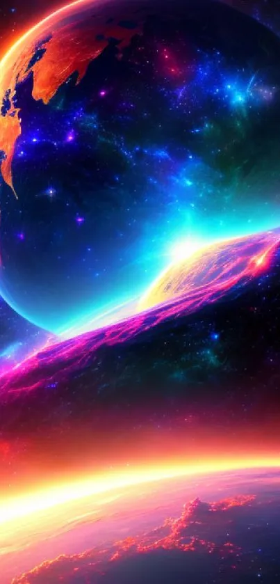 Vibrant cosmic planet with luminous colors and stars on mobile wallpaper.