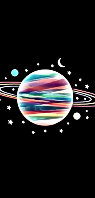 Colorful planet with rings on black space background.