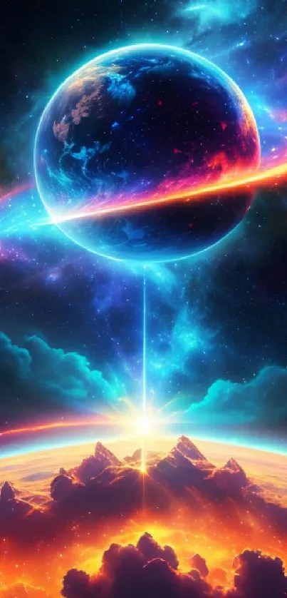 Vibrant cosmic wallpaper with planets and glowing lights.