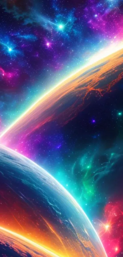 Vibrant cosmic wallpaper featuring colorful planets and glowing celestial scenes.