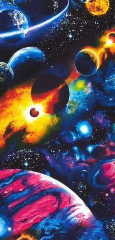 Vibrant cosmic wallpaper with colorful planets and galaxies.