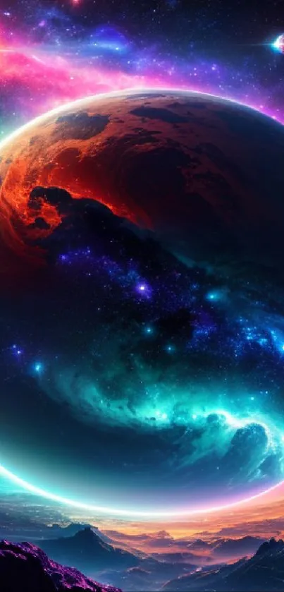 Vibrant cosmic planet against a colorful galaxy background.