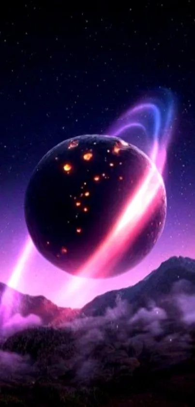 Wallpaper of a vibrant ringed planet in a purple cosmic scene with starry sky.