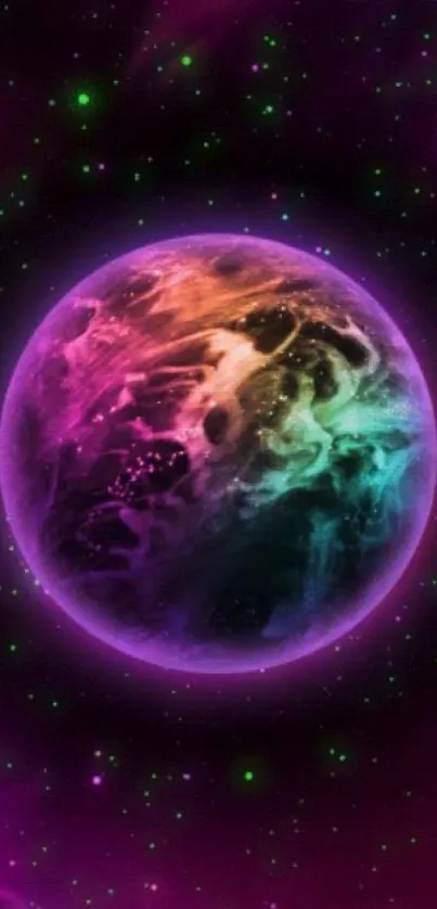 Vibrant cosmic planet with neon colors and stars in space.