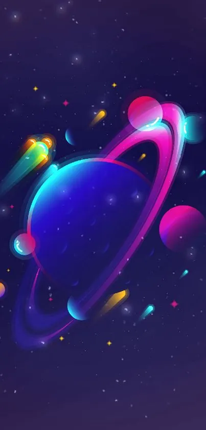 Cosmic planet mobile wallpaper with neon colors and space elements.