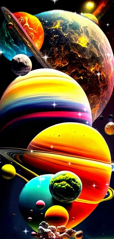 Vibrant space wallpaper with colorful planets in cosmic scenery.