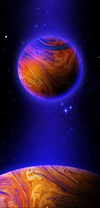 Vibrant cosmic wallpaper with colorful planets and a deep space background.