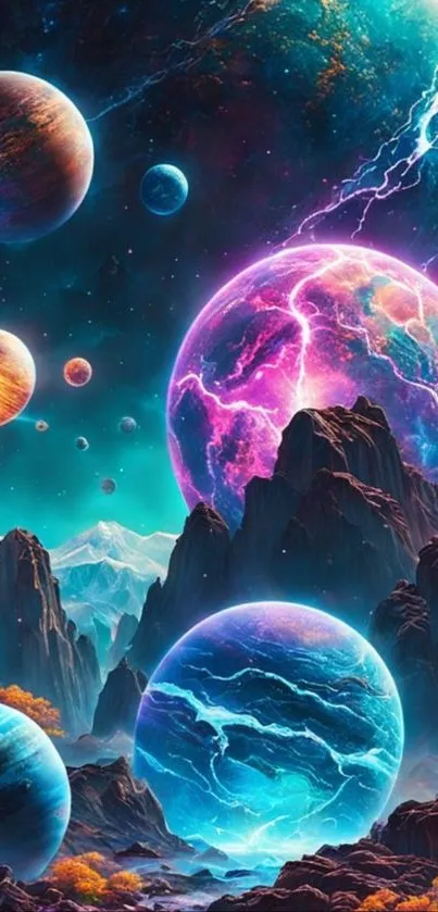 Colorful cosmic landscape with vibrant planets and mystical mountains.
