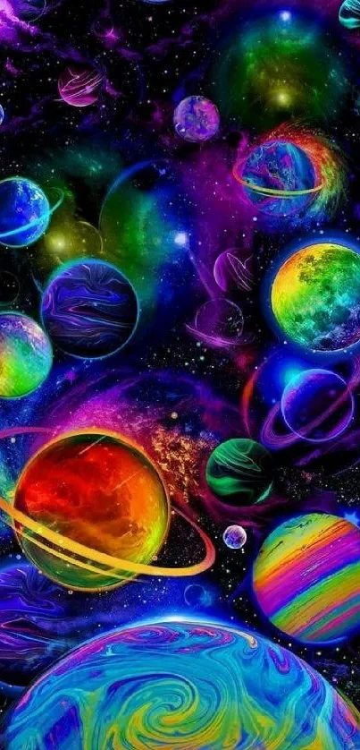 Vibrant planets and stars in a colorful galaxy design for mobile wallpaper.