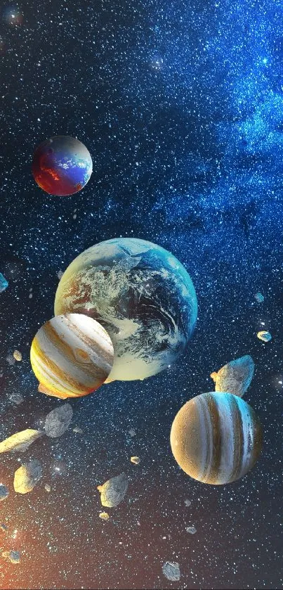 Mobile wallpaper featuring vibrant planets in a cosmic space scene.