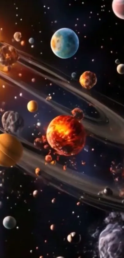 Colorful planets and cosmic background mobile wallpaper.