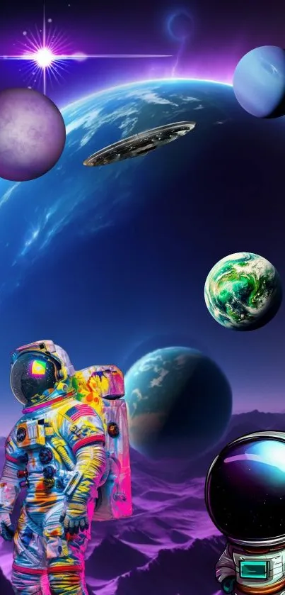 Purple-toned cosmic scene with planets and an alien landscape.