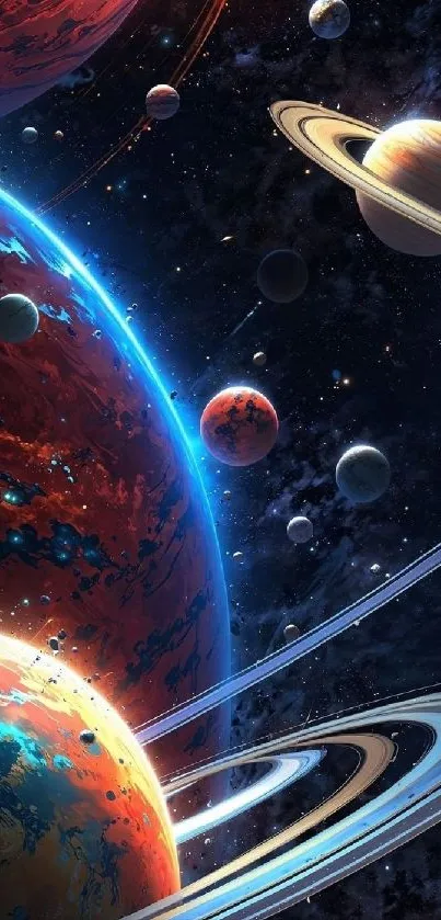 Colorful space scene with planets and cosmic elements.