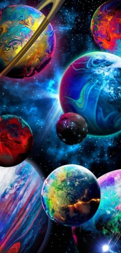 Colorful cosmic scene with vivid planets.