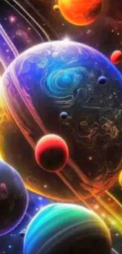 Vibrant art of colorful planets in space.