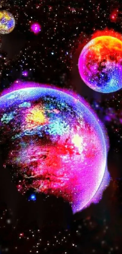 Vibrant cosmic planets art wallpaper with colorful celestial scenery.