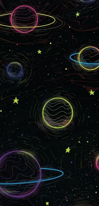 Vibrant neon-outlined planets and stars on a black cosmic wallpaper.