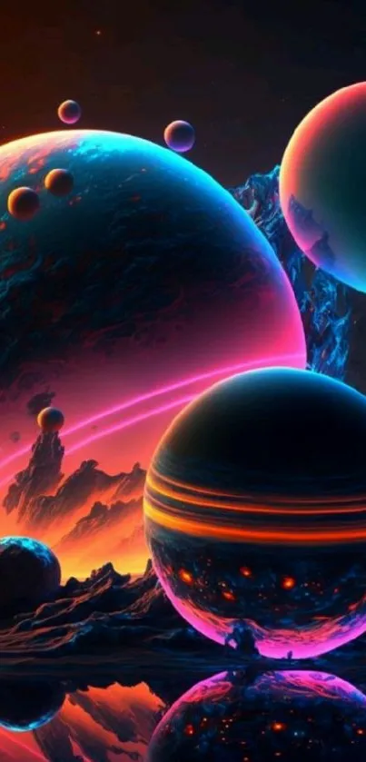 Vibrant neon planets in a cosmic landscape, perfect for mobile wallpaper.