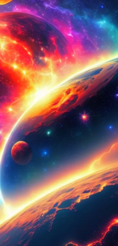 Colorful cosmic wallpaper with vibrant planets in a galaxy.