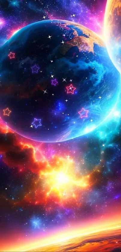 Vibrant cosmic wallpaper featuring colorful planets in space.