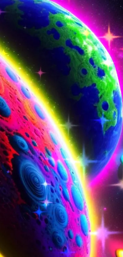 Vibrant mobile wallpaper featuring colorful planets and glowing stars in digital art style.