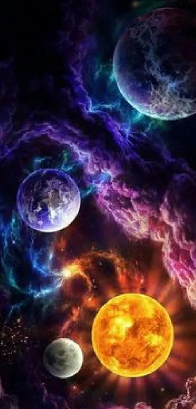 Colorful cosmic wallpaper with planets and galaxies.