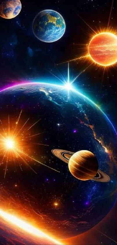 Colorful cosmic wallpaper with planets and stars