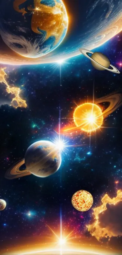 Colorful cosmic planets in outer space with vibrant celestial bodies.
