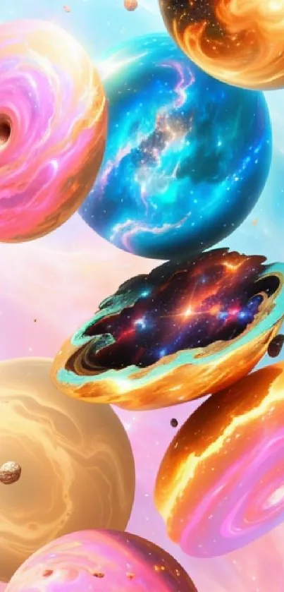 Vibrant cosmic mobile wallpaper with colorful planets in space.
