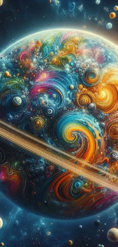 Vibrant cosmic scene featuring colorful swirling planets.