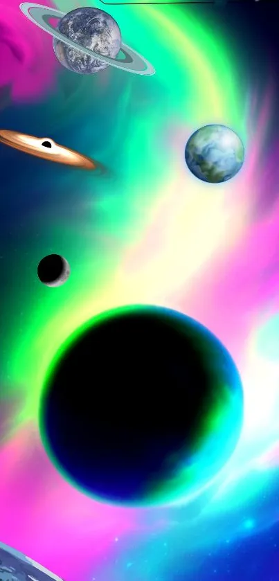 Vivid space wallpaper featuring colorful planets and neon cosmic swirls.