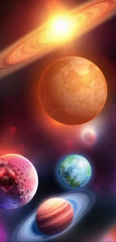 Vibrant outer space wallpaper with colorful planets and glowing galaxies.