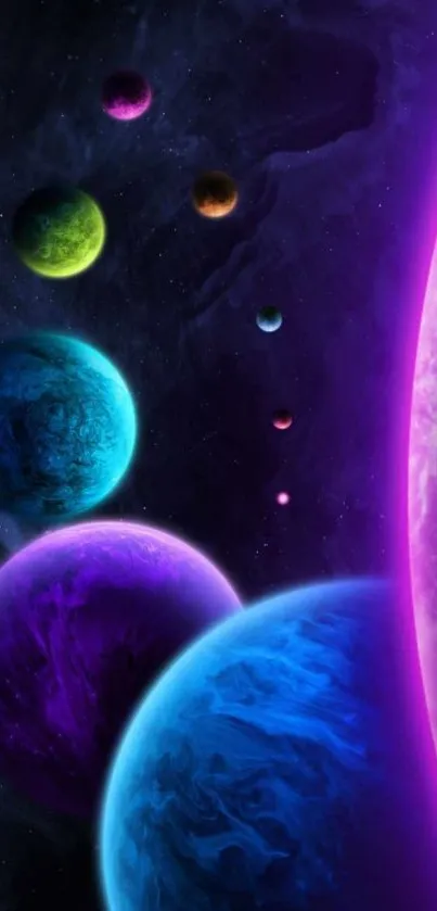 Vibrant planets in a cosmic space scene with deep purple hues.