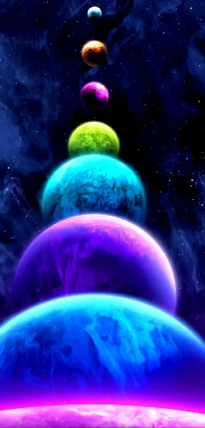 Vibrant cosmic planets in lined alignment with a deep blue space backdrop.