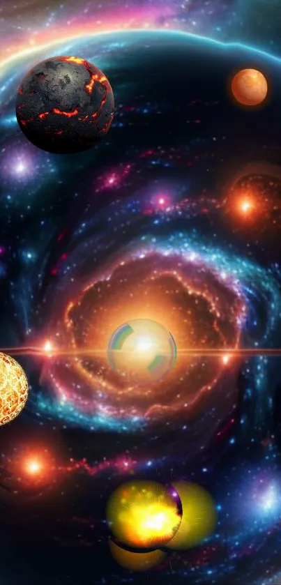Vibrant cosmic wallpaper with colorful planets and galaxies.