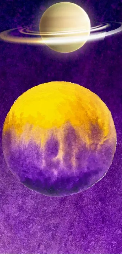 Colorful planetary art with purple and yellow hues.