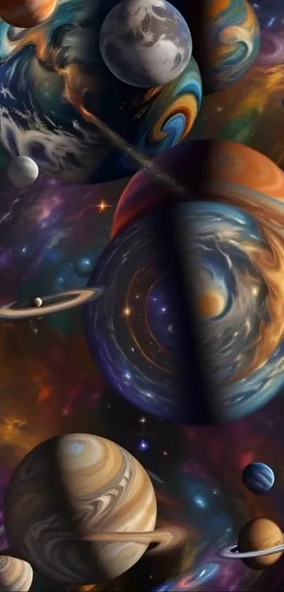 Vibrant cosmic wallpaper with swirling planets.