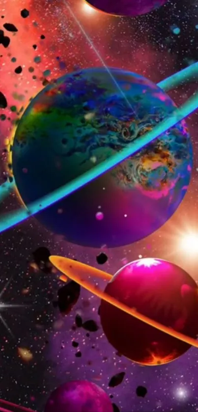 Colorful cosmic wallpaper featuring vibrant planets and stars.