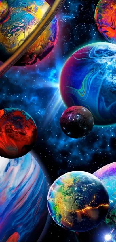 Colorful cosmic wallpaper with vibrant planets.