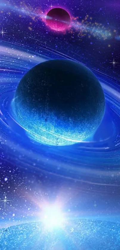 Dark blue cosmic planets with a vibrant galaxy background for phones.