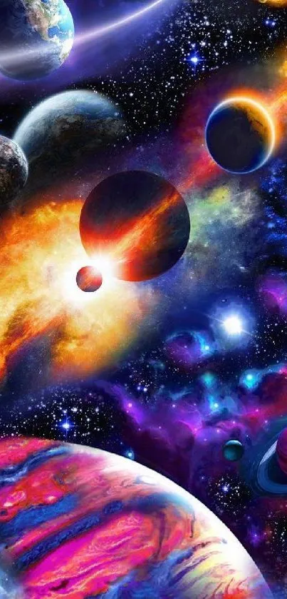 Colorful cosmic planet wallpaper with vibrant nebulae and stars.