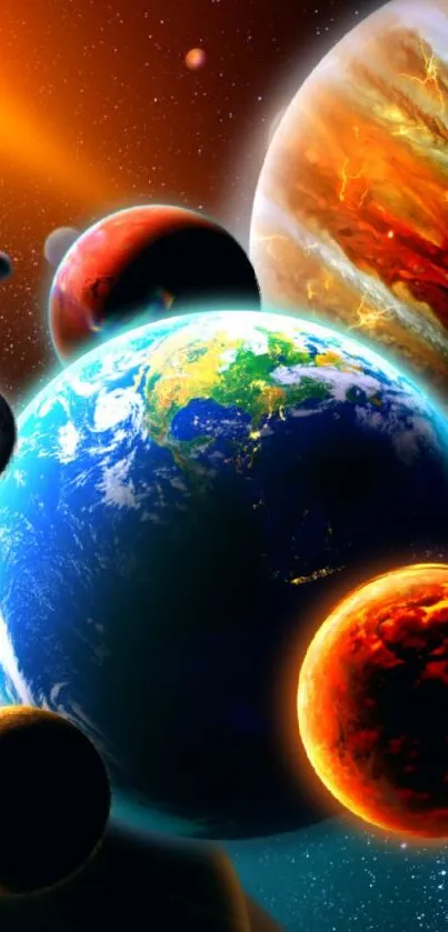 Colorful cosmic wallpaper with planets and vibrant stars.