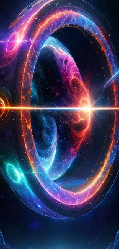 Futuristic vibrant cosmic portal wallpaper with galaxies and planets.